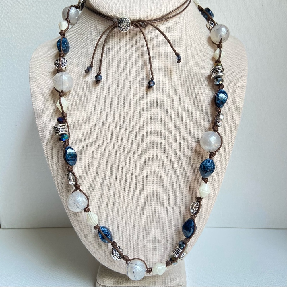 Premier Designs Chambray necklace blue white silvertone beads on cord with bolo